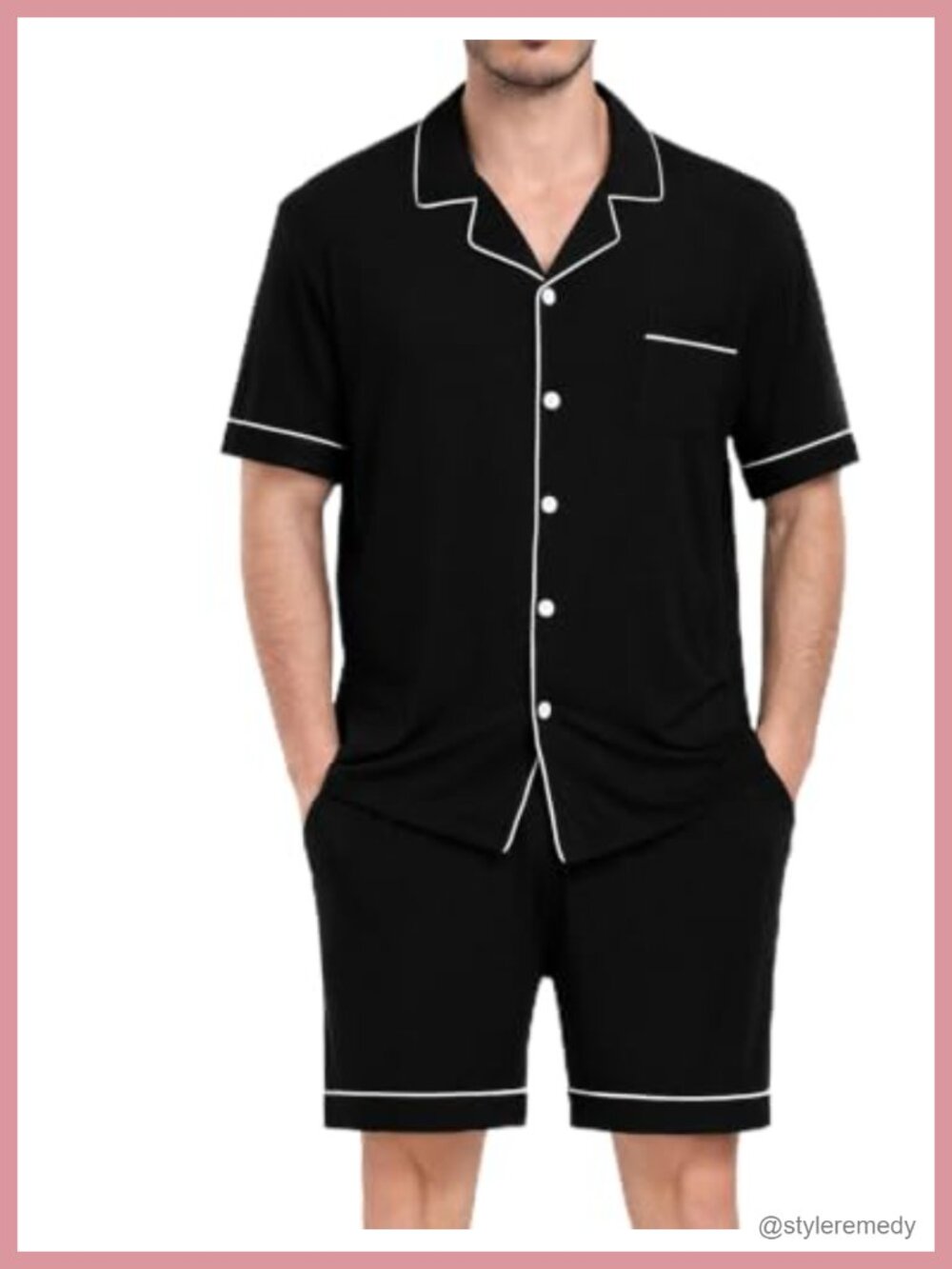Men's Modal Short Sleeve Button Down Pajama Set with Shorts & Pockets